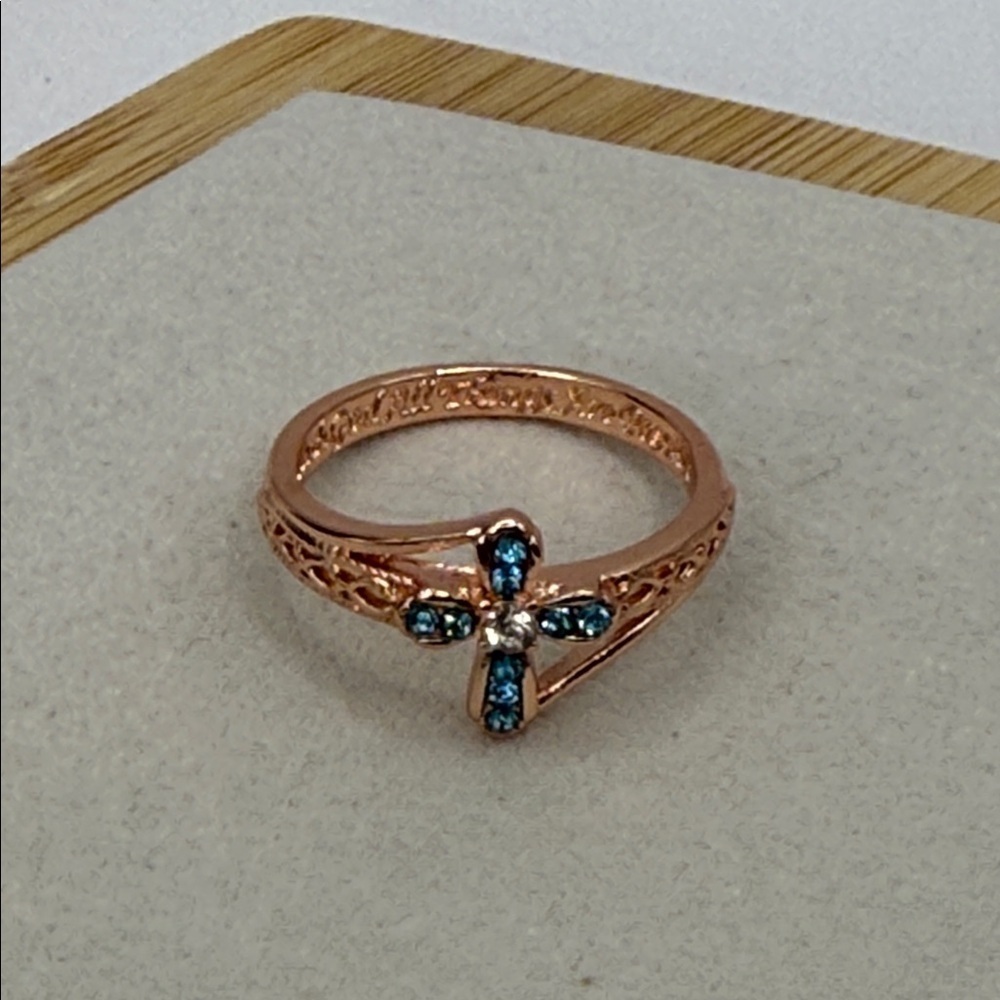 Elegant Rose Gold Tone Ring with Blue Rhinestones Size 7 “With God All Things…”
